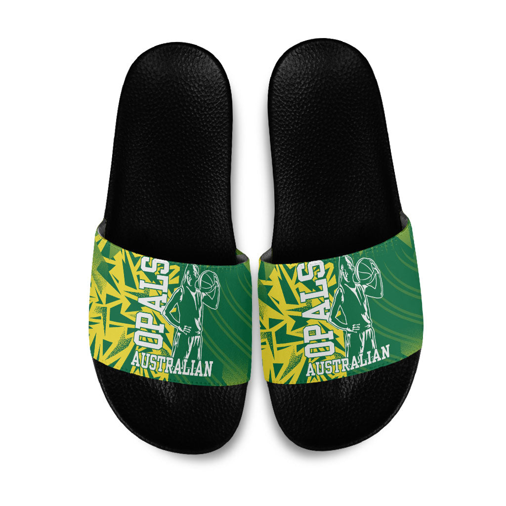 Australian Opals Basketball Slide Sandals Geometric Tribal Pattern In Green And Gold Athletic Art