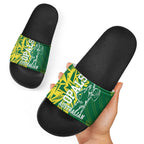 Australian Opals Basketball Slide Sandals Geometric Tribal Pattern In Green And Gold Athletic Art