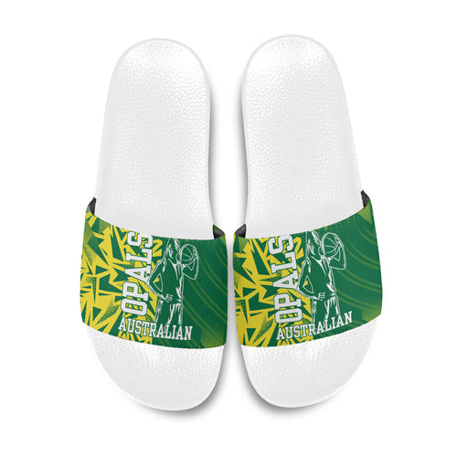 Australian Opals Basketball Slide Sandals Geometric Tribal Pattern In Green And Gold Athletic Art