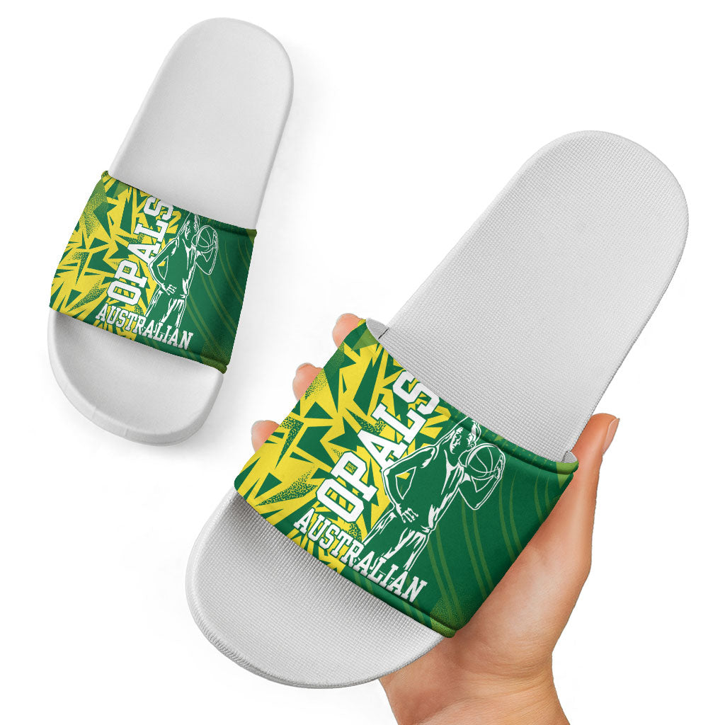 Australian Opals Basketball Slide Sandals Geometric Tribal Pattern In Green And Gold Athletic Art