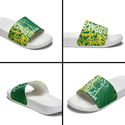 Australian Opals Basketball Slide Sandals Geometric Tribal Pattern In Green And Gold Athletic Art