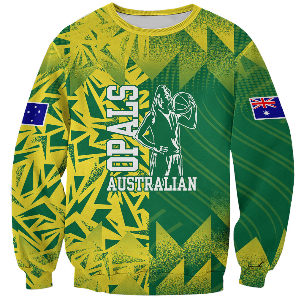 Australian Opals Basketball Sweatshirt Geometric Tribal Pattern In Green And Gold Athletic Art