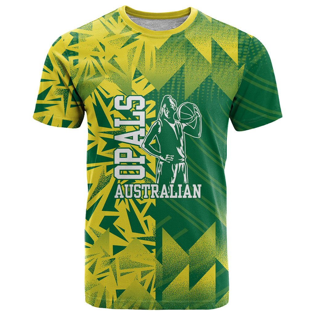 Australian Opals Basketball T Shirt Geometric Tribal Pattern In Green And Gold Athletic Art