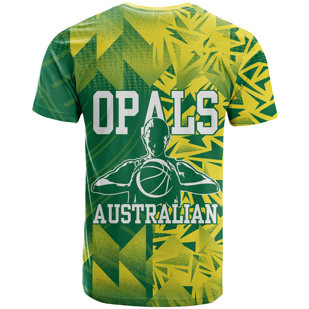 Australian Opals Basketball T Shirt Geometric Tribal Pattern In Green And Gold Athletic Art