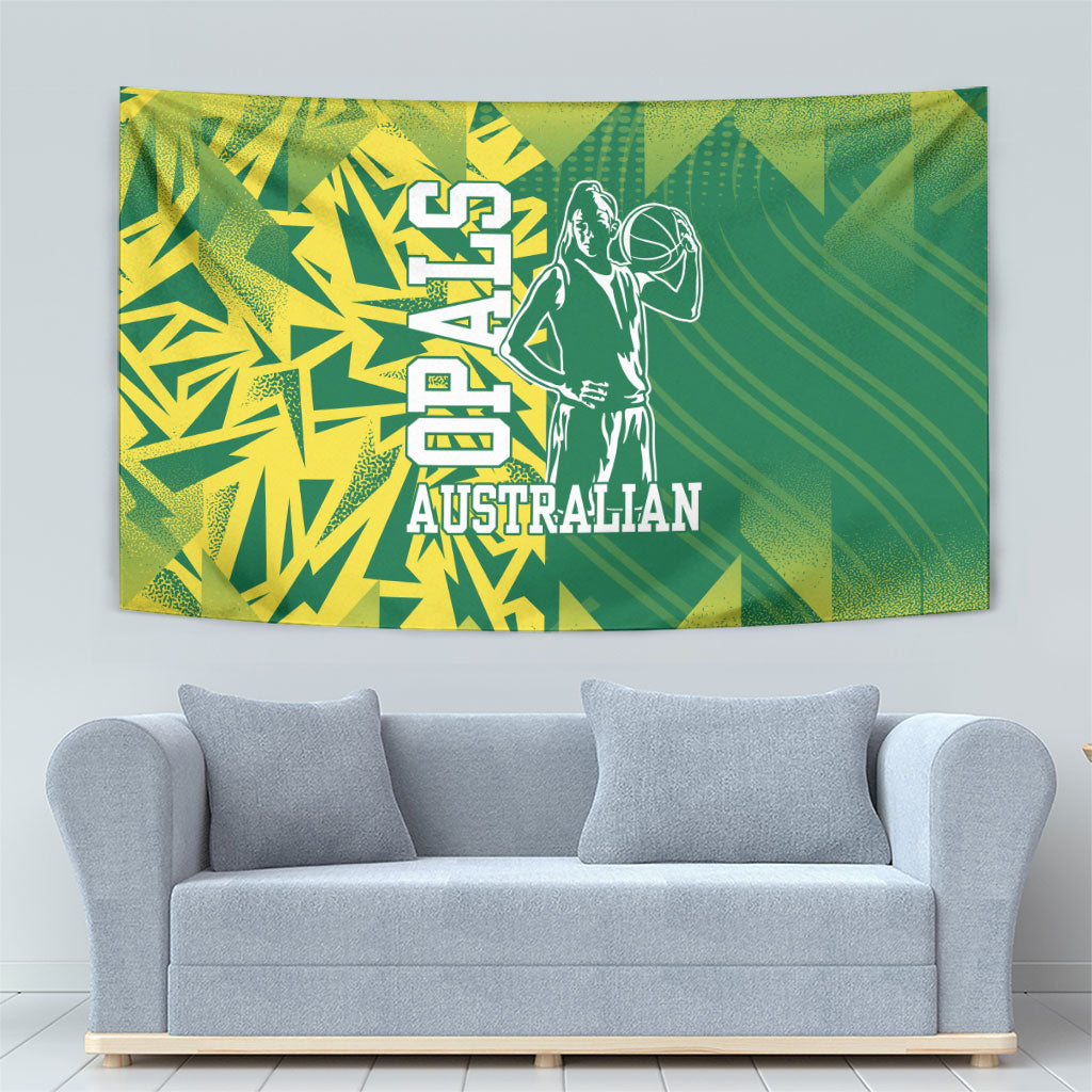Australian Opals Basketball Tapestry Geometric Tribal Pattern In Green And Gold Athletic Art