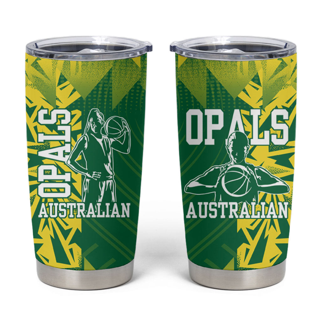 Australian Opals Basketball Tumbler Cup Geometric Tribal Pattern In Green And Gold Athletic Art