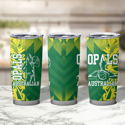 Australian Opals Basketball Tumbler Cup Geometric Tribal Pattern In Green And Gold Athletic Art