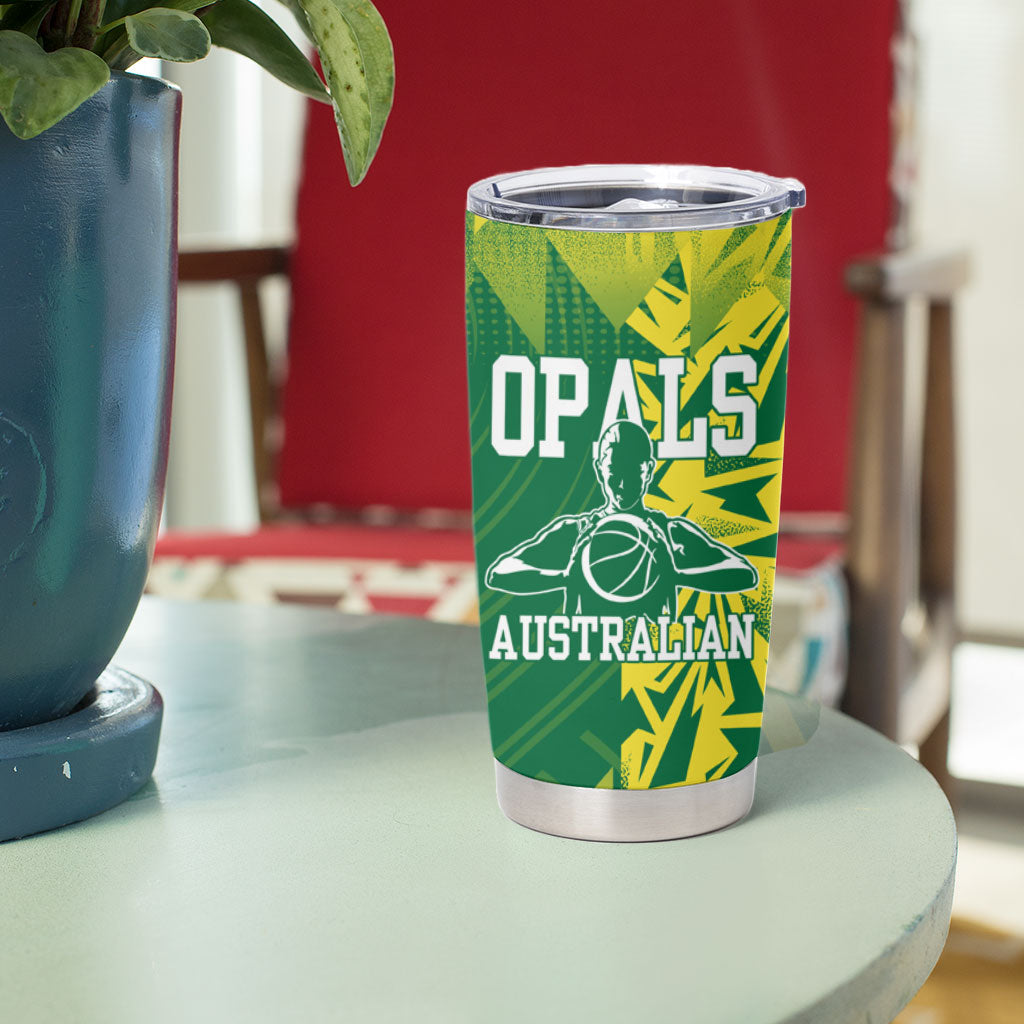 Australian Opals Basketball Tumbler Cup Geometric Tribal Pattern In Green And Gold Athletic Art