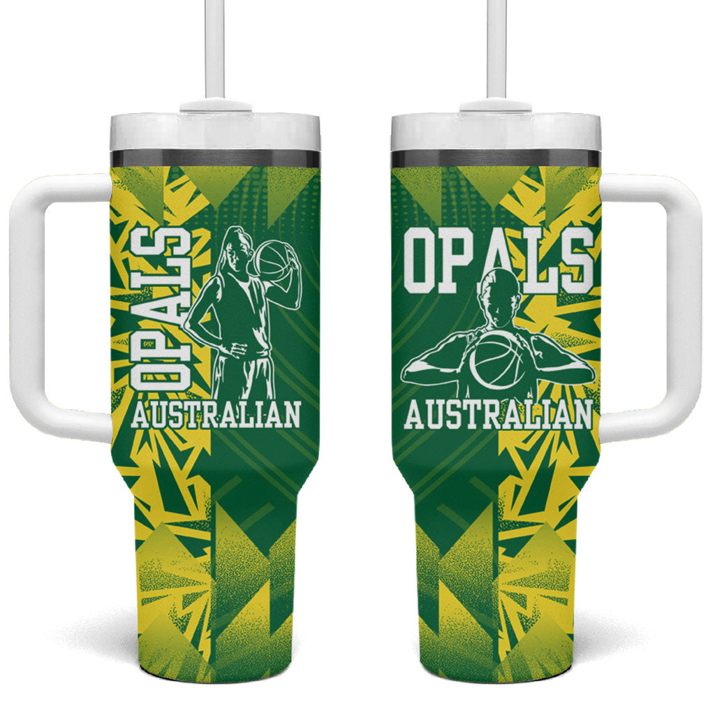 Australian Opals Basketball Tumbler With Handle Geometric Tribal Pattern In Green And Gold Athletic Art
