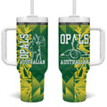 Australian Opals Basketball Tumbler With Handle Geometric Tribal Pattern In Green And Gold Athletic Art