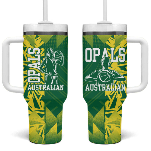 Australian Opals Basketball Tumbler With Handle Geometric Tribal Pattern In Green And Gold Athletic Art