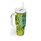 Australian Opals Basketball Tumbler With Handle Geometric Tribal Pattern In Green And Gold Athletic Art