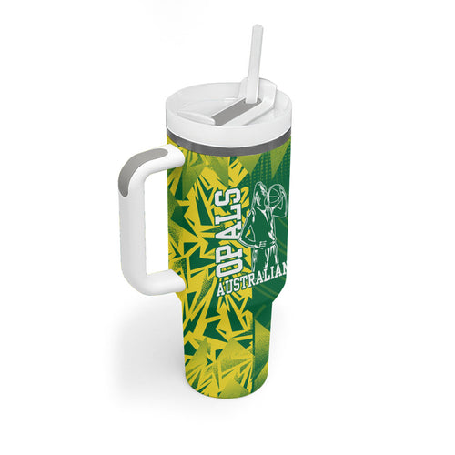 Australian Opals Basketball Tumbler With Handle Geometric Tribal Pattern In Green And Gold Athletic Art