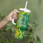 Australian Opals Basketball Tumbler With Handle Geometric Tribal Pattern In Green And Gold Athletic Art