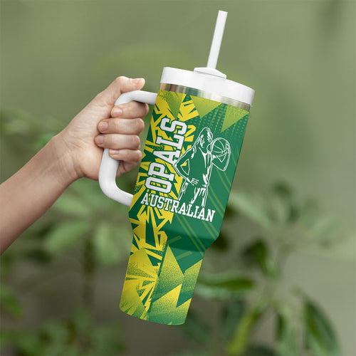 Australian Opals Basketball Tumbler With Handle Geometric Tribal Pattern In Green And Gold Athletic Art