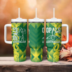 Australian Opals Basketball Tumbler With Handle Geometric Tribal Pattern In Green And Gold Athletic Art