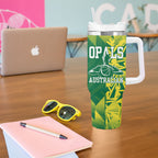 Australian Opals Basketball Tumbler With Handle Geometric Tribal Pattern In Green And Gold Athletic Art