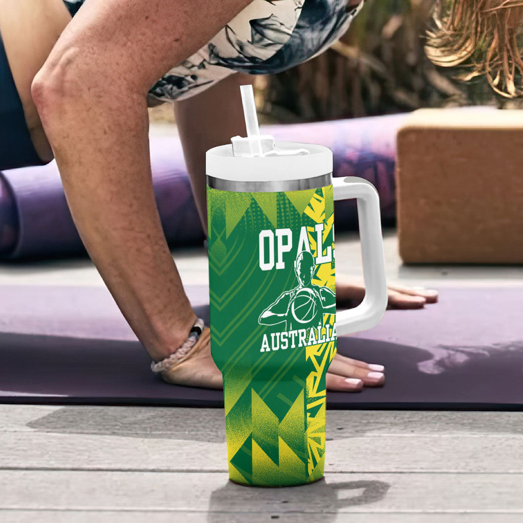 Australian Opals Basketball Tumbler With Handle Geometric Tribal Pattern In Green And Gold Athletic Art