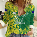 Australian Opals Basketball Women Casual Shirt Geometric Tribal Pattern In Green And Gold Athletic Art