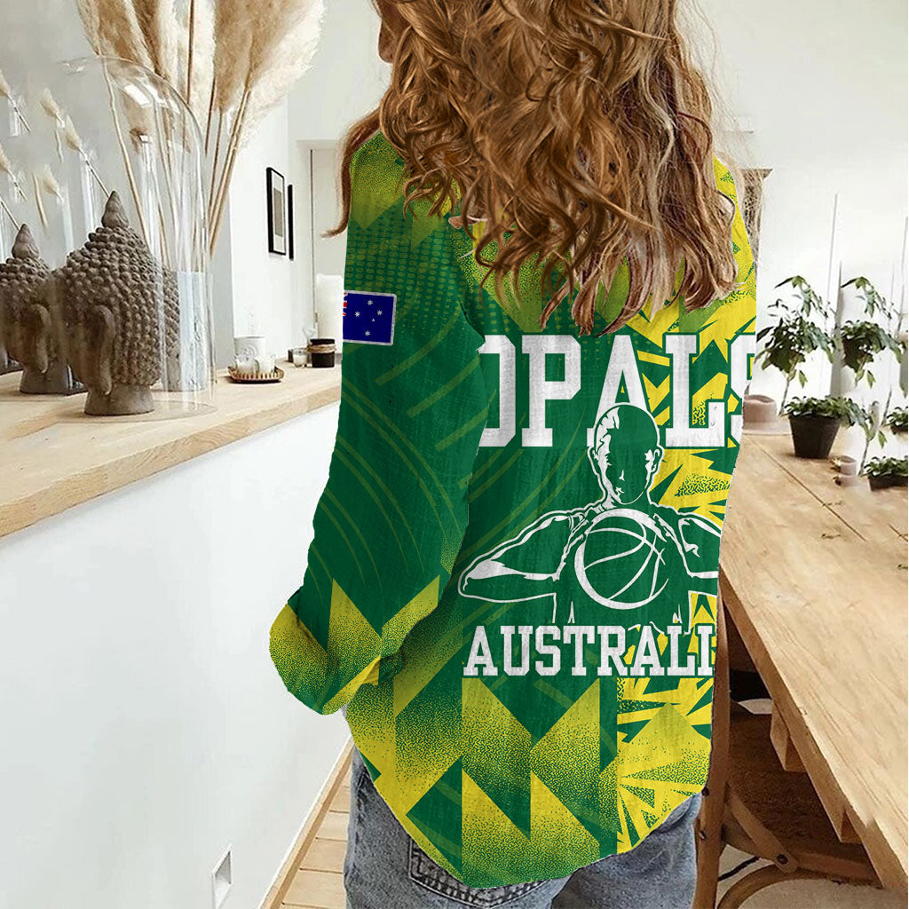 Australian Opals Basketball Women Casual Shirt Geometric Tribal Pattern In Green And Gold Athletic Art
