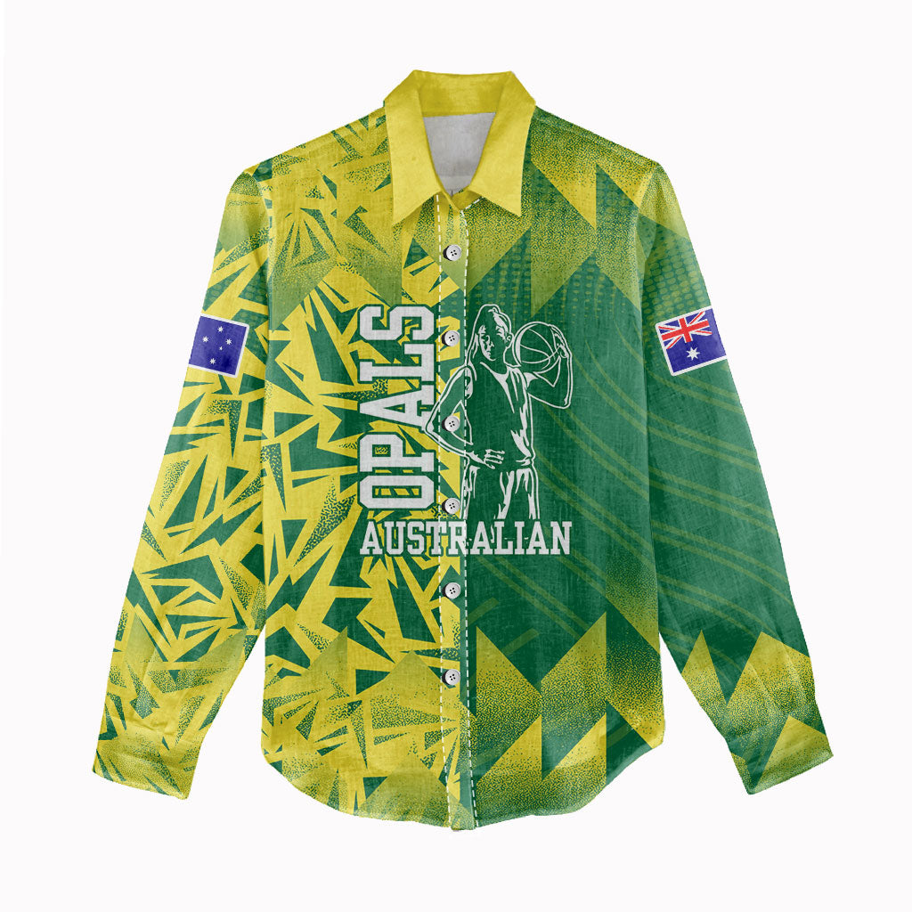 Australian Opals Basketball Women Casual Shirt Geometric Tribal Pattern In Green And Gold Athletic Art