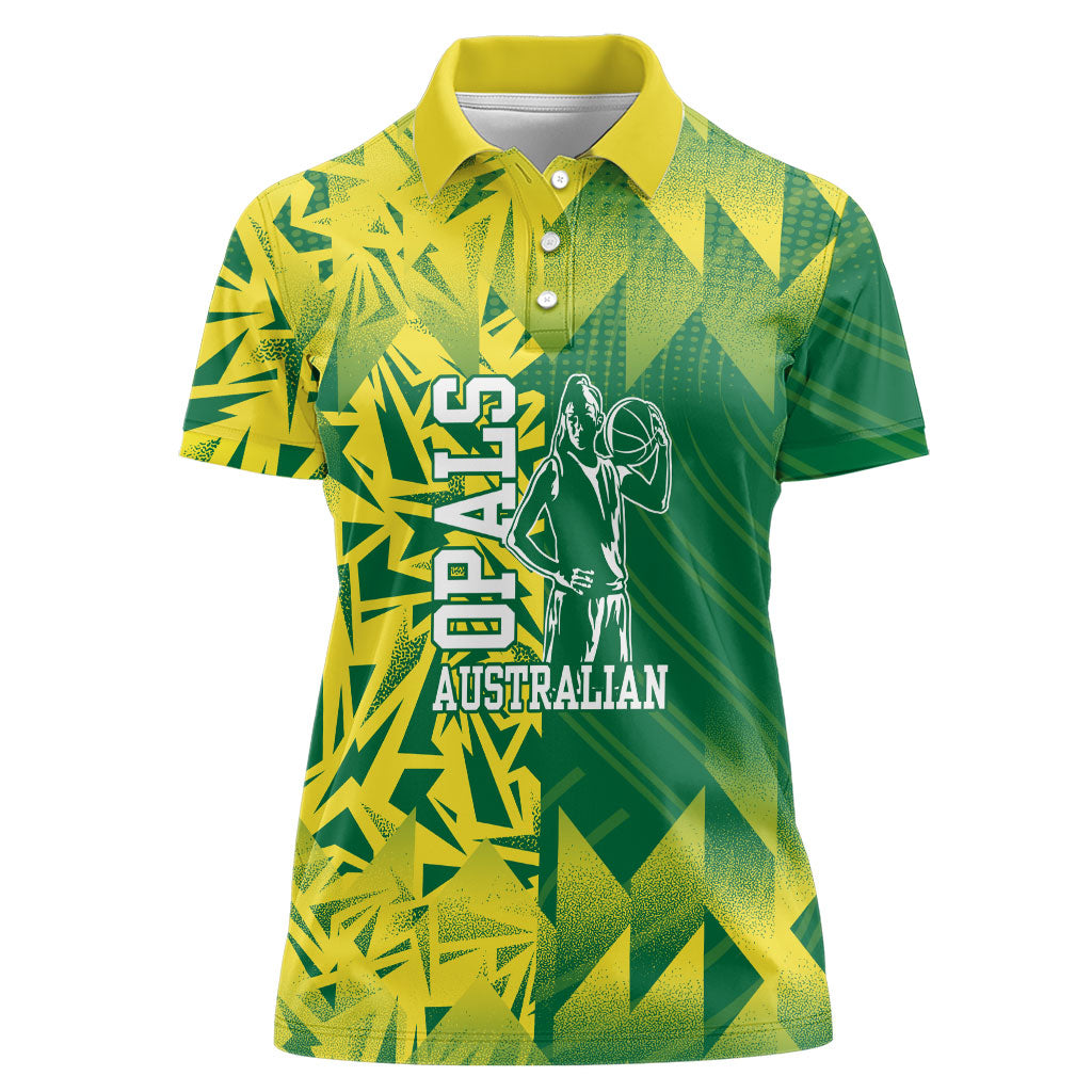 Australian Opals Basketball Women Polo Shirt Geometric Tribal Pattern In Green And Gold Athletic Art