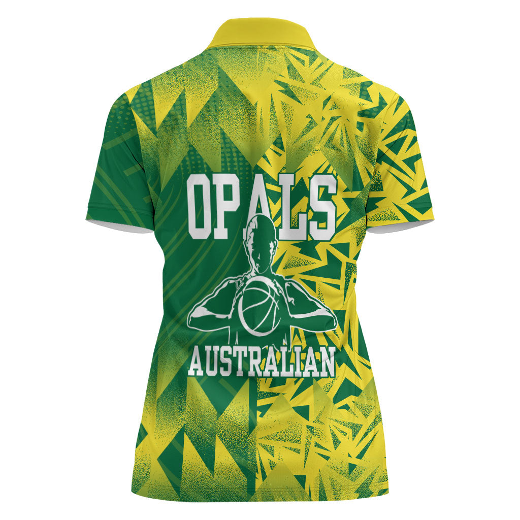 Australian Opals Basketball Women Polo Shirt Geometric Tribal Pattern In Green And Gold Athletic Art