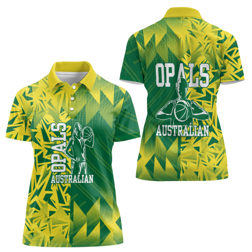 Australian Opals Basketball Women Polo Shirt Geometric Tribal Pattern In Green And Gold Athletic Art