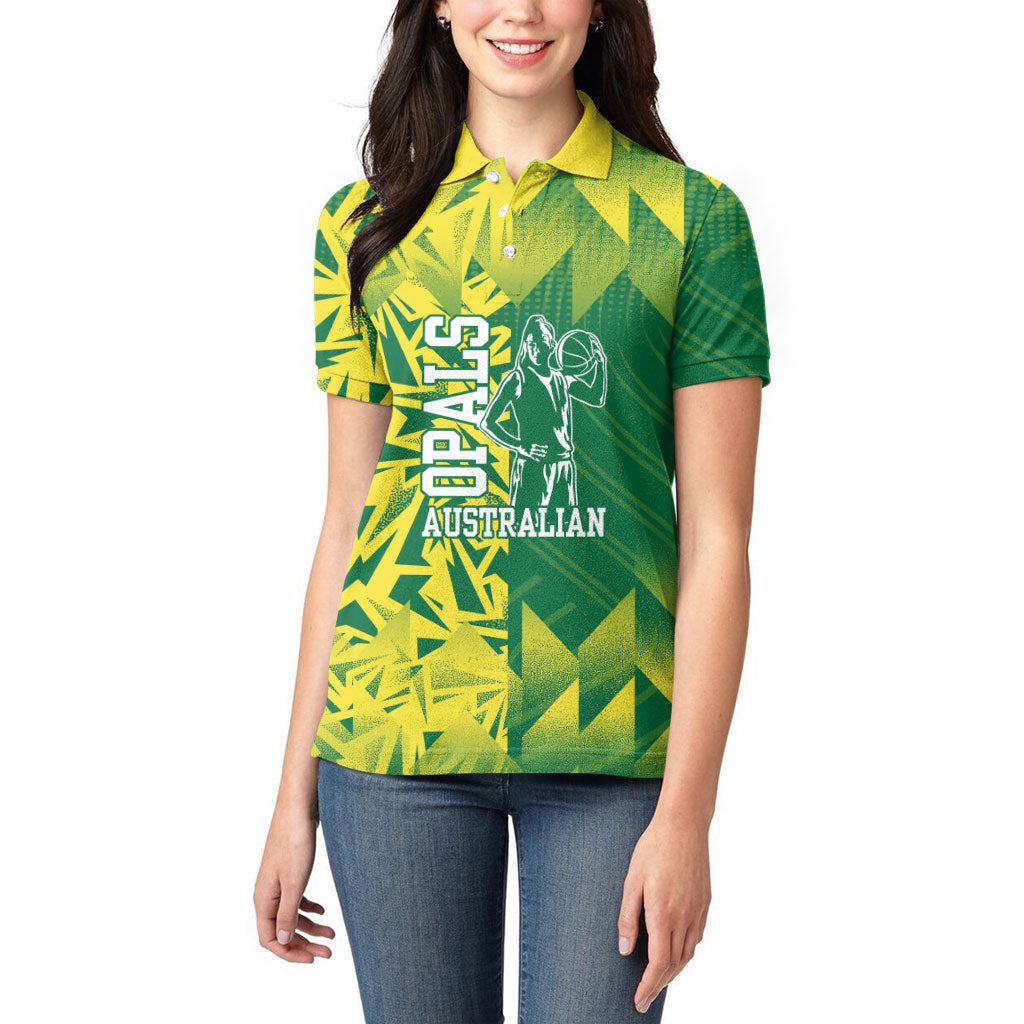 Australian Opals Basketball Women Polo Shirt Geometric Tribal Pattern In Green And Gold Athletic Art