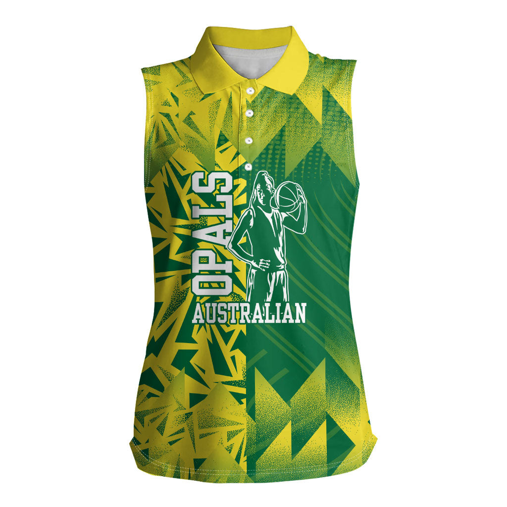 Australian Opals Basketball Women Sleeveless Polo Shirt Geometric Tribal Pattern In Green And Gold Athletic Art