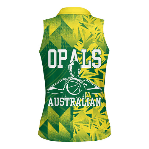 Australian Opals Basketball Women Sleeveless Polo Shirt Geometric Tribal Pattern In Green And Gold Athletic Art
