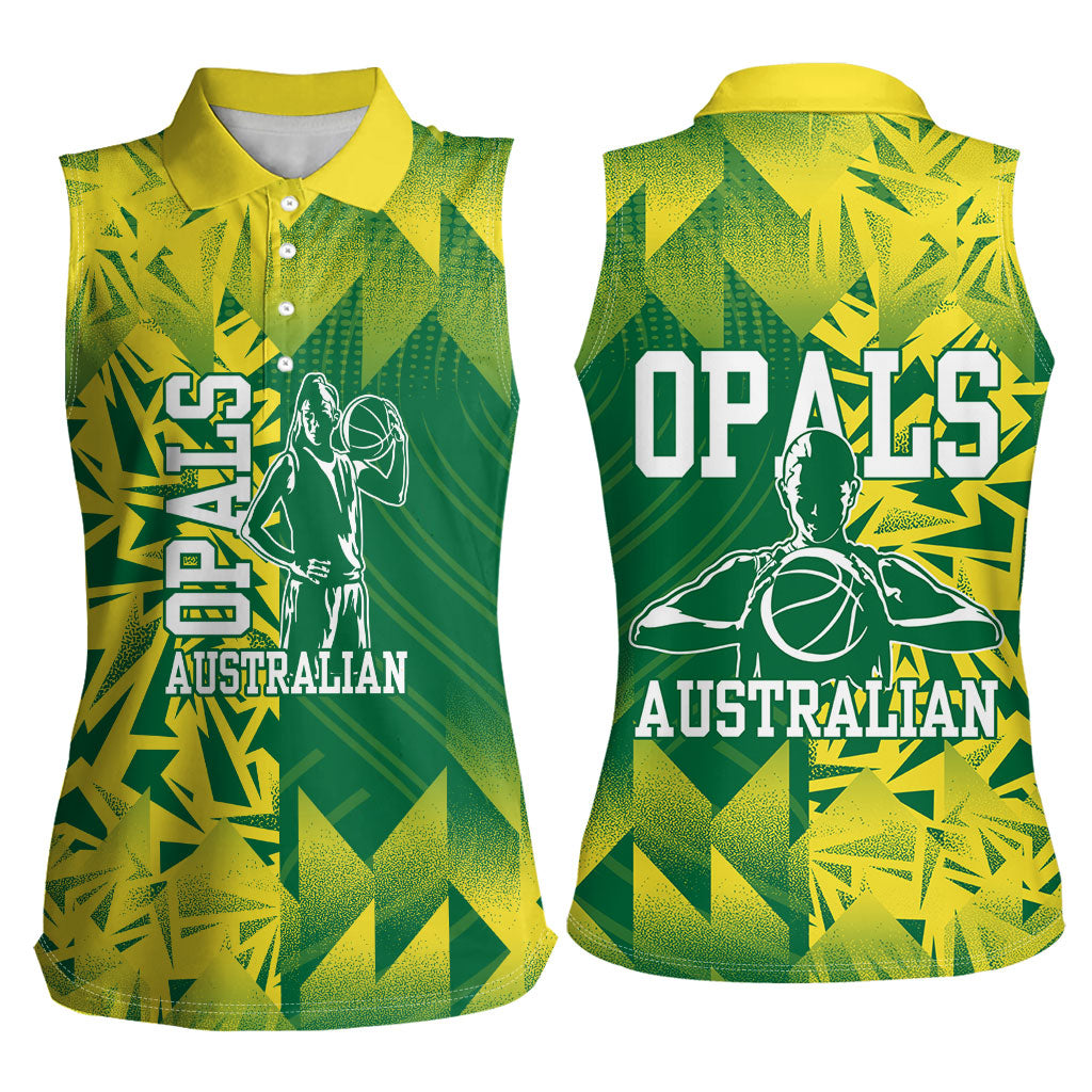 Australian Opals Basketball Women Sleeveless Polo Shirt Geometric Tribal Pattern In Green And Gold Athletic Art
