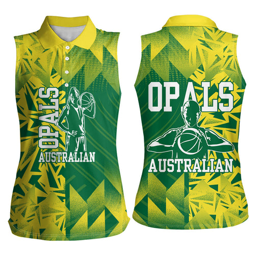 Australian Opals Basketball Women Sleeveless Polo Shirt Geometric Tribal Pattern In Green And Gold Athletic Art