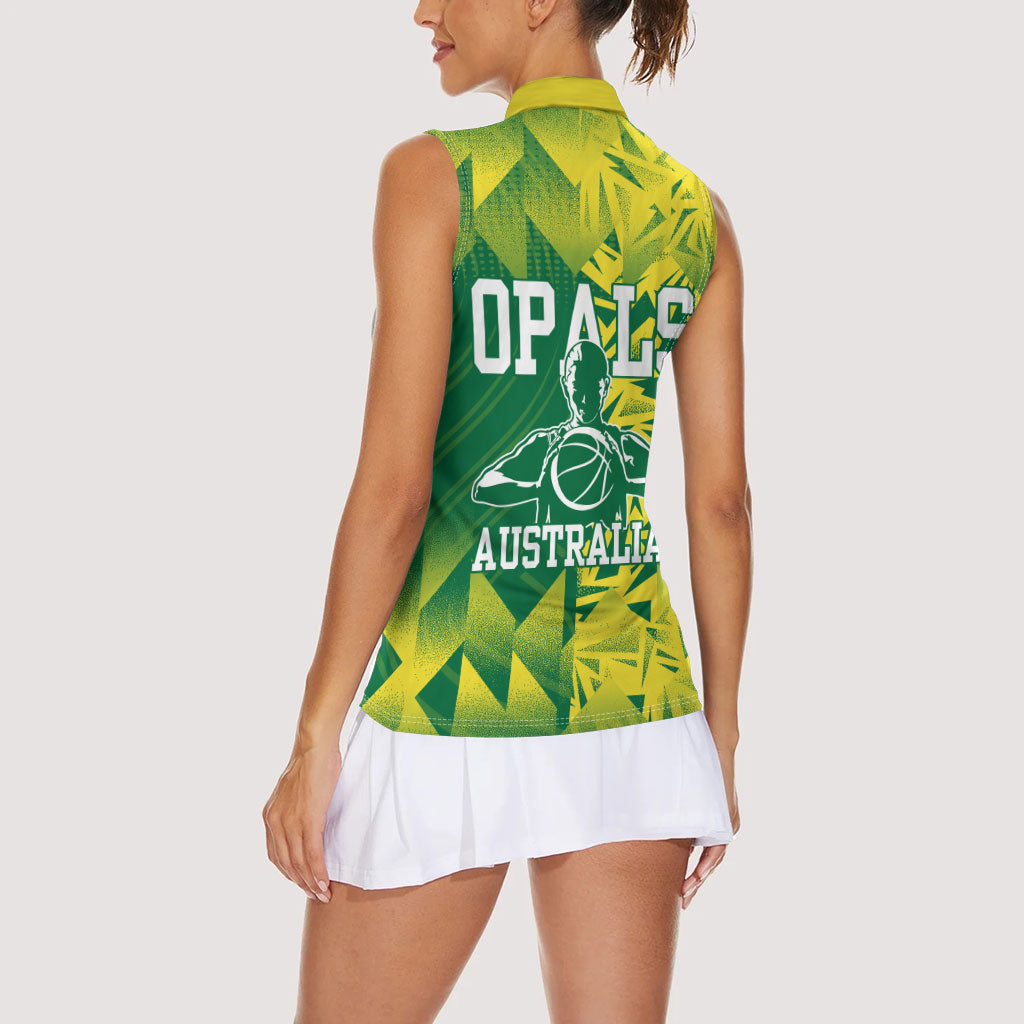 Australian Opals Basketball Women Sleeveless Polo Shirt Geometric Tribal Pattern In Green And Gold Athletic Art