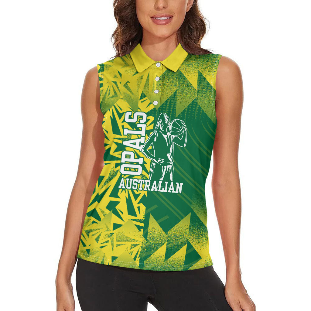 Australian Opals Basketball Women Sleeveless Polo Shirt Geometric Tribal Pattern In Green And Gold Athletic Art