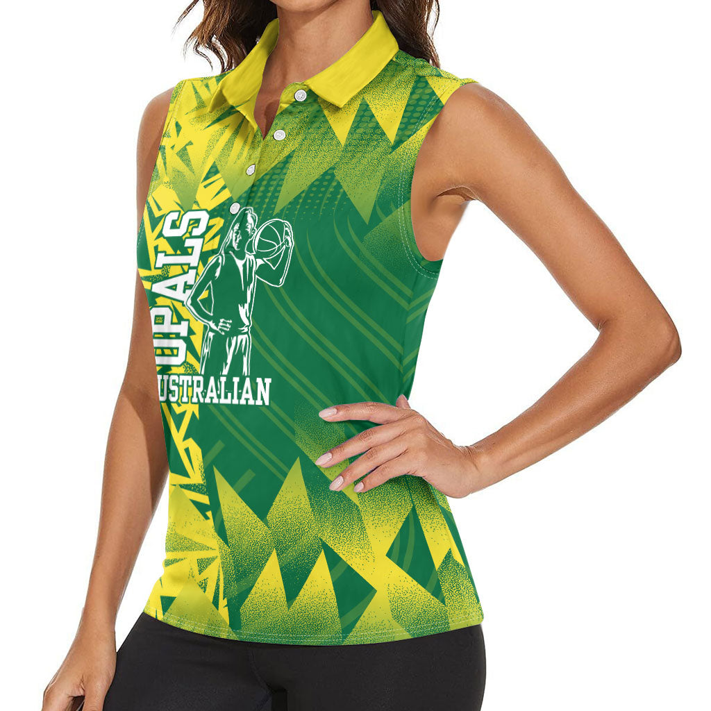 Australian Opals Basketball Women Sleeveless Polo Shirt Geometric Tribal Pattern In Green And Gold Athletic Art