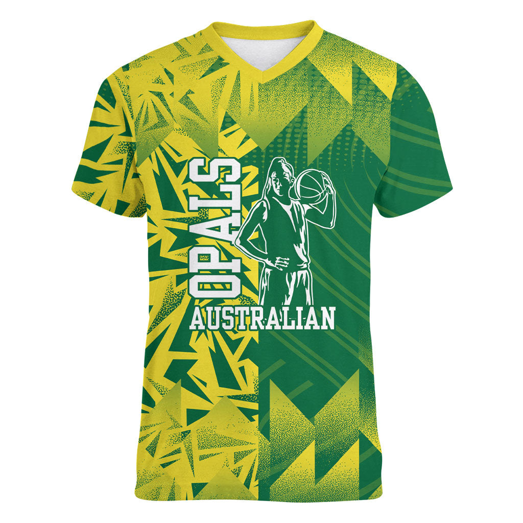 Australian Opals Basketball Women V-Neck T-Shirt Geometric Tribal Pattern In Green And Gold Athletic Art