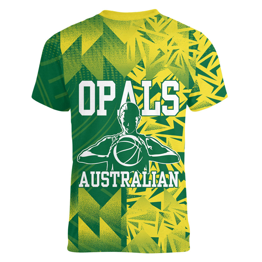 Australian Opals Basketball Women V-Neck T-Shirt Geometric Tribal Pattern In Green And Gold Athletic Art