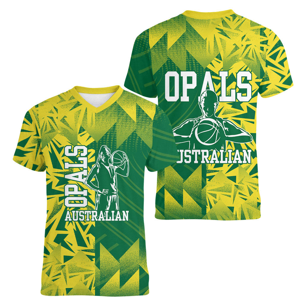 Australian Opals Basketball Women V-Neck T-Shirt Geometric Tribal Pattern In Green And Gold Athletic Art