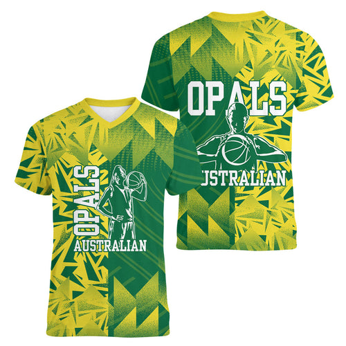 Australian Opals Basketball Women V-Neck T-Shirt Geometric Tribal Pattern In Green And Gold Athletic Art