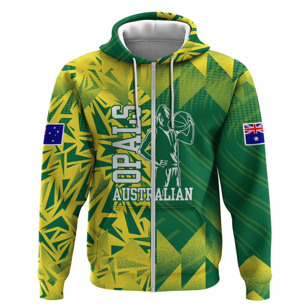 Australian Opals Basketball Zip Hoodie Geometric Tribal Pattern In Green And Gold Athletic Art