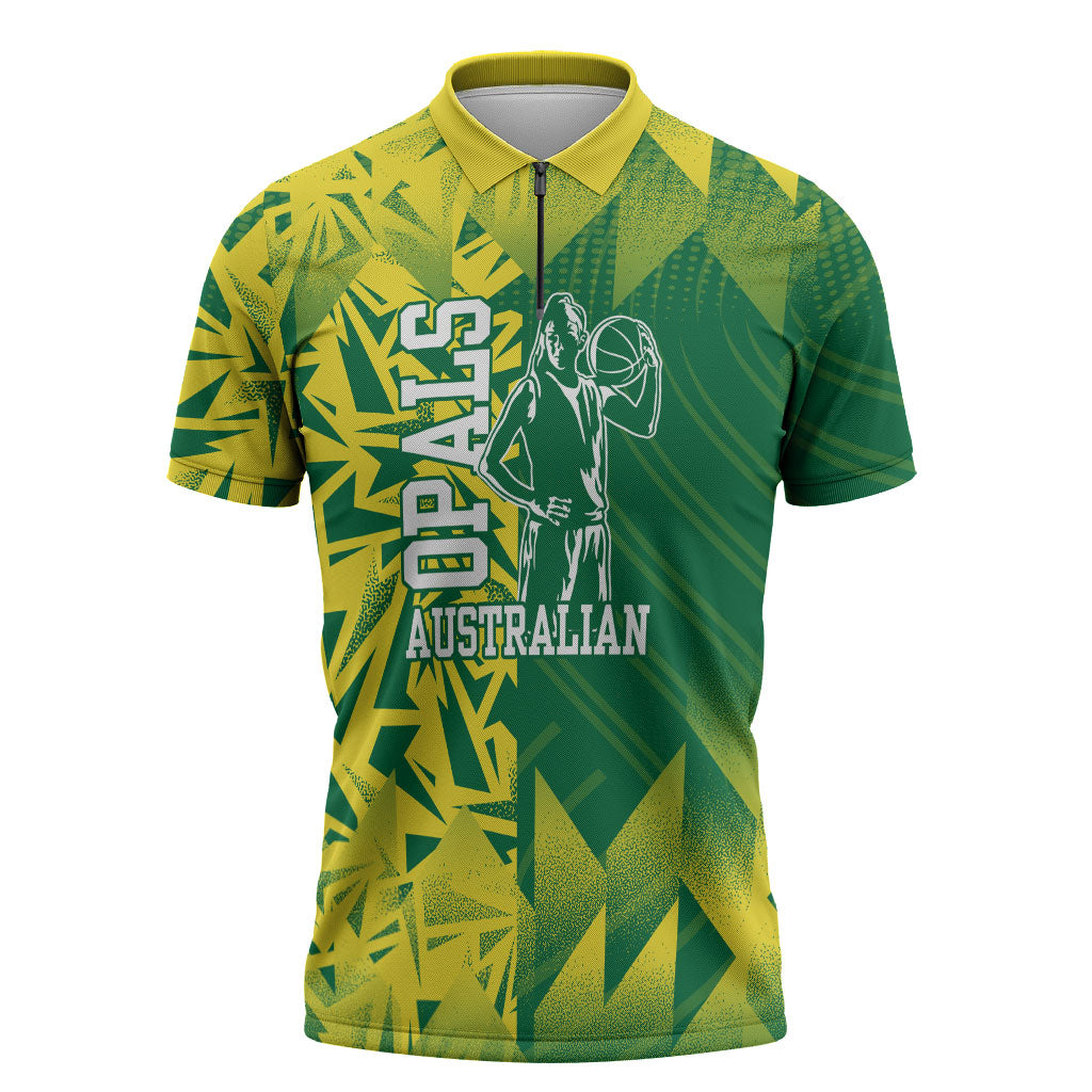 Australian Opals Basketball Zipper Polo Shirt Geometric Tribal Pattern In Green And Gold Athletic Art