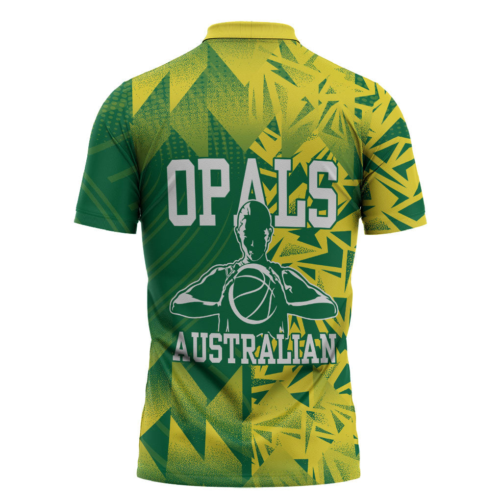 Australian Opals Basketball Zipper Polo Shirt Geometric Tribal Pattern In Green And Gold Athletic Art