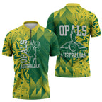 Australian Opals Basketball Zipper Polo Shirt Geometric Tribal Pattern In Green And Gold Athletic Art