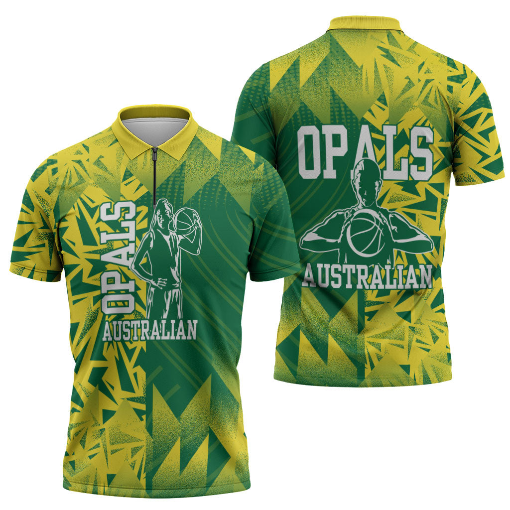 Australian Opals Basketball Zipper Polo Shirt Geometric Tribal Pattern In Green And Gold Athletic Art