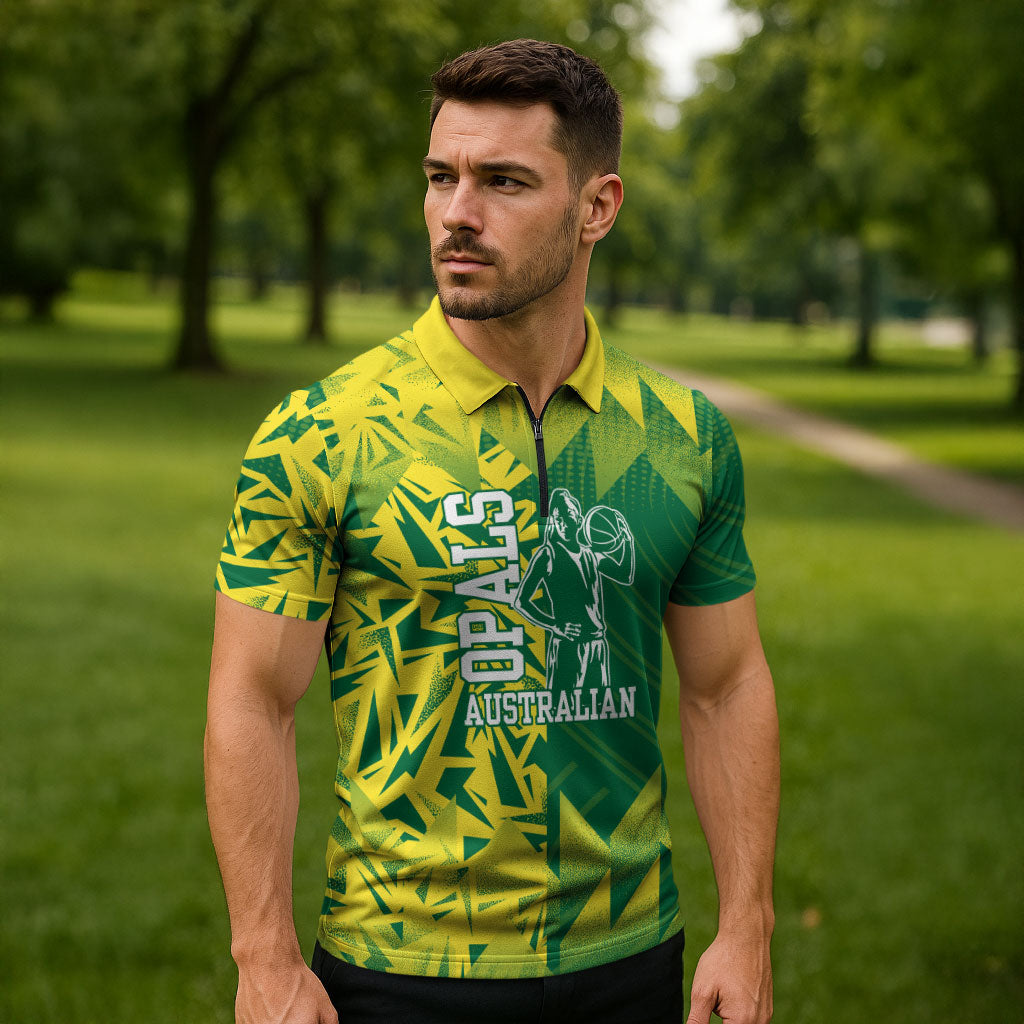 Australian Opals Basketball Zipper Polo Shirt Geometric Tribal Pattern In Green And Gold Athletic Art
