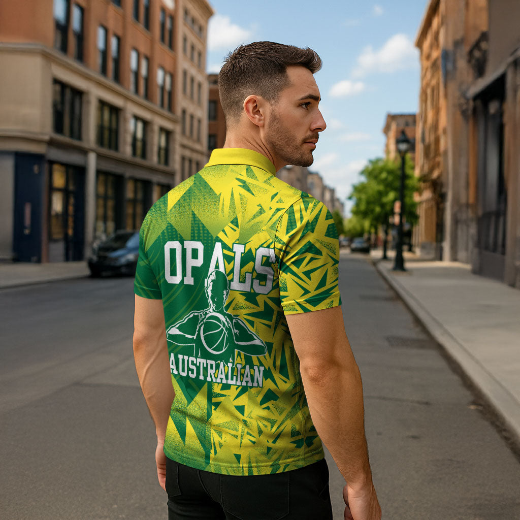 Australian Opals Basketball Zipper Polo Shirt Geometric Tribal Pattern In Green And Gold Athletic Art