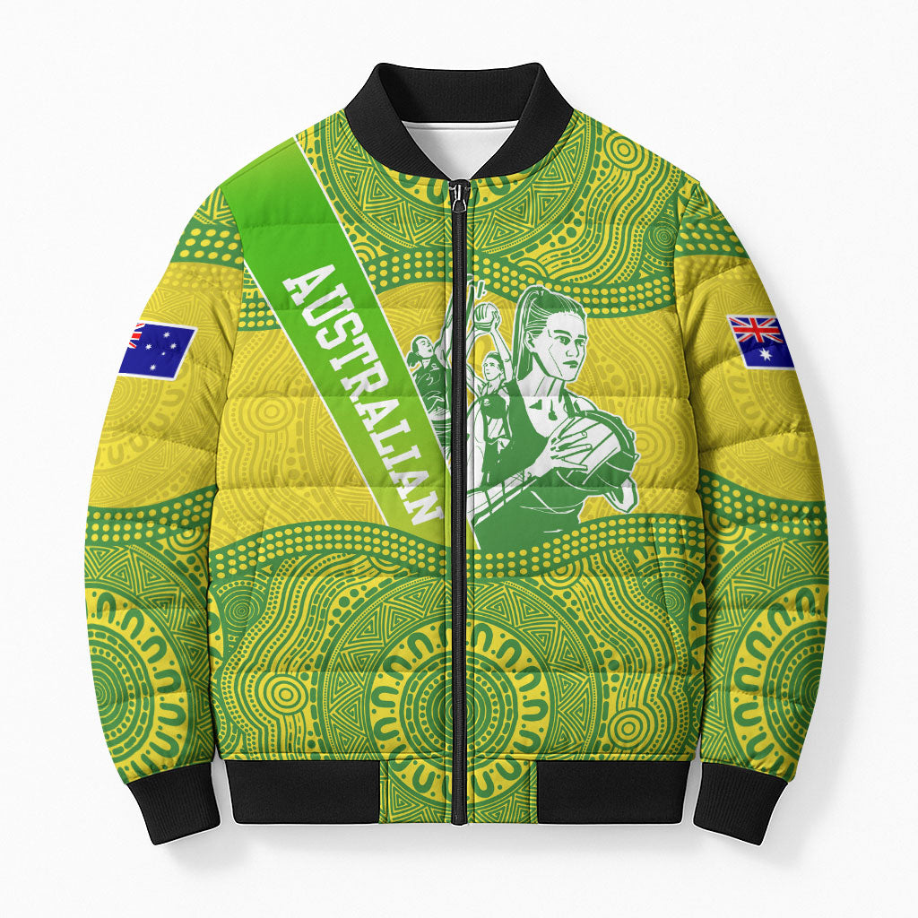 Australian Diamonds Netball Bomber Puffer Jacket Indigenous Aboriginal Art Style Dot Pattern Graphics