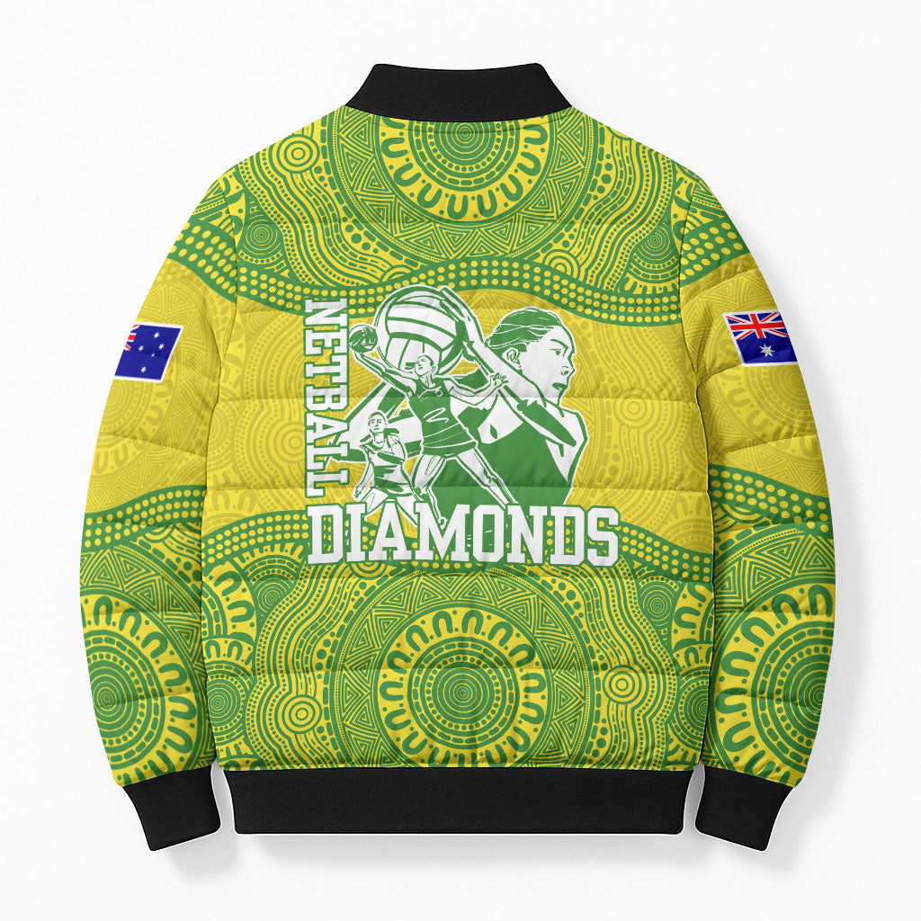 Australian Diamonds Netball Bomber Puffer Jacket Indigenous Aboriginal Art Style Dot Pattern Graphics