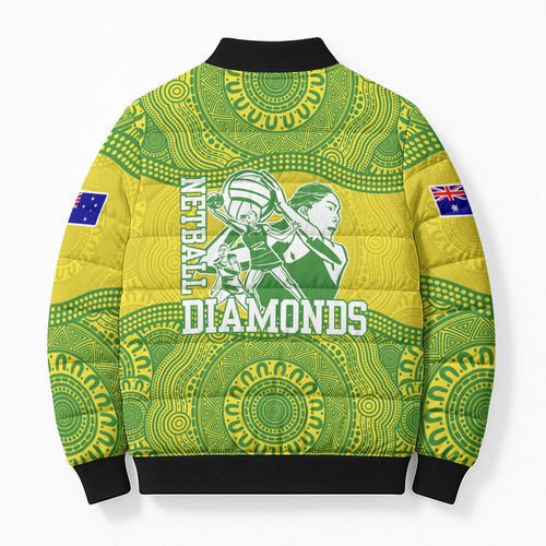 Australian Diamonds Netball Bomber Puffer Jacket Indigenous Aboriginal Art Style Dot Pattern Graphics